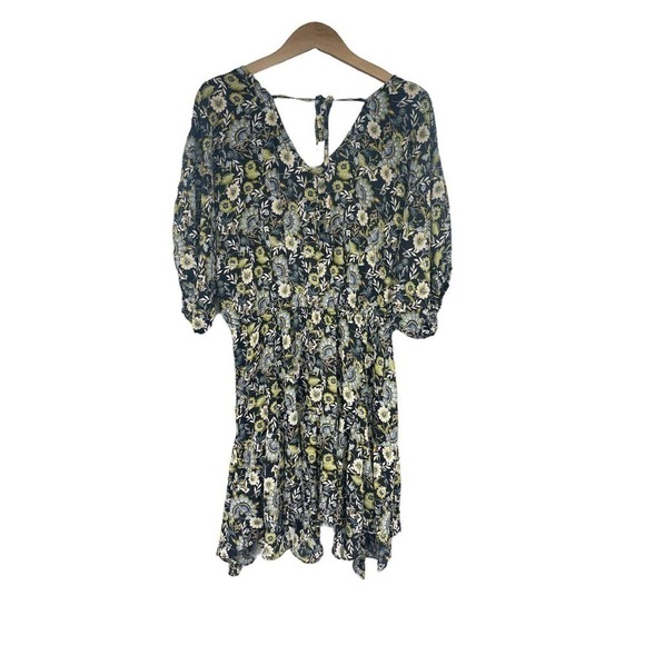 Mittoshop Polyester Scoop Neck Green Black Floral Tie Back Mini Dress L Boutique - Picture 4 of 6